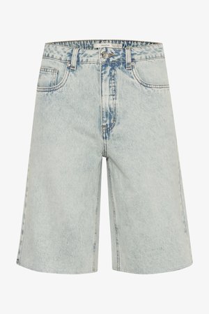 Fuste de blugi de culoare albastru deschis, cu o croială lejeră, design clasic cu cinci buzunare și cusături vizibile. Accente uzate pe tot parcursul.