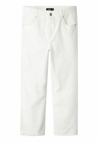 White denim pants made from cotton, featuring a straight-leg design, five pockets, metal button, and slight texture.