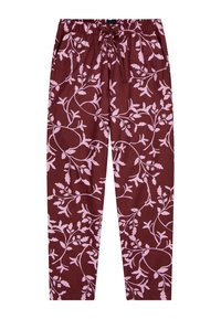 Bordeauxkleurige broek met een roze bloemenpatroon, voorzien van een elastische tailleband en een trekkoord, gemaakt van zachte stof, recht model.