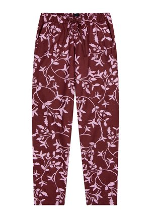 Burgundy bukser med et pink blomsterprint, der har en elastisk talje og snorelukning, lavet af blødt stof, med lige ben.