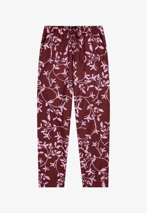 Burgundy pants with a pink floral pattern, featuring an elastic waistband and drawstring, made of soft fabric, straight leg design.