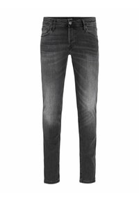 Slim-fit black jeans with a faded wash, five-pocket design, belt loops, and a metal button closure. Made of durable denim fabric.