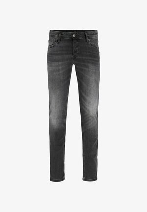 Slim-fit black jeans with a faded wash, five-pocket design, belt loops, and a metal button closure. Made of durable denim fabric.