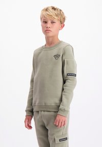 Olijfgroene sweatshirt van een zachte katoenmix, met ronde halslijn en geribde manchetten, met een kleine graphic op de borst en een accent op de arm met logo.