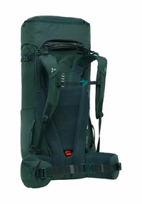 Zaino da trekking verde con forma cilindrica alta, pannello posteriore in rete imbottita, spallacci regolabili e tasche laterali per il riporre l'attrezzatura.