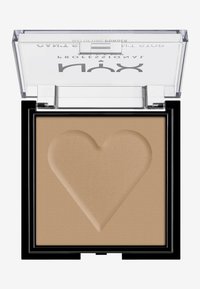 Bronzer en poudre pressée en forme de cœur dans un étui transparent. Couleur beige clair avec une surface texturée et un support carré noir.