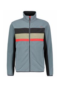 Fleece jacket in blue-gray with black, olive green, and red horizontal stripes. Features a high collar and full front zipper. Soft texture.