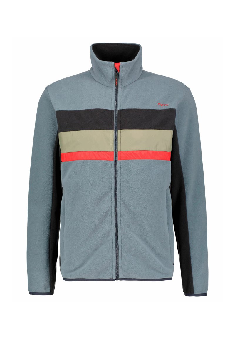 Fleece jacket in blue-gray with black, olive green, and red horizontal stripes. Features a high collar and full front zipper. Soft texture.