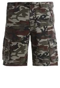 Kamikaze cargo shorts, valmistettu puuvillasekoitemateriaalista, jossa on monivärinen kuosi tummanvihreästä, ruskeasta ja vaaleasta beigestä, ja joissa on sivutaskujen yksityiskohtia.