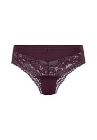 Dunkelviolette Spitzen-Bikini-Unterwäsche für Frauen mit einer kleinen Satinschleife in der Mitte des Bunds.