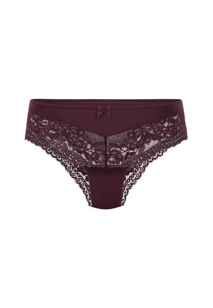 Mutande da donna in pizzo viola scuro, stile bikini, con un piccolo fiocco in satin centrato sulla cintura.