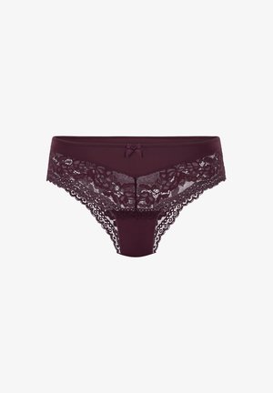 Dark purple lace bikini-style women's underwear with a small satin bow centered on the waistband.