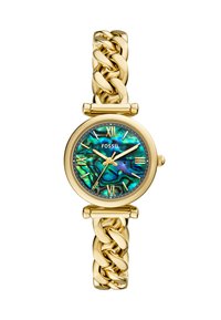 Goldfarbene Uhr mit einem massiven Kettenarmband, ausgestattet mit einem schimmernden blau-grünen Zifferblatt, das römische Ziffern und Logo-Markierungen aufweist.