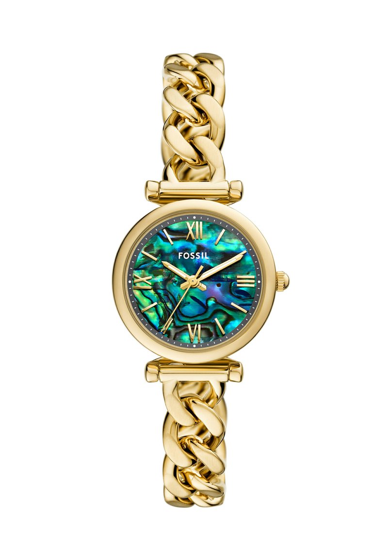 Goldfarbene Uhr mit einem massiven Kettenarmband, ausgestattet mit einem schimmernden blau-grünen Zifferblatt, das römische Ziffern und Logo-Markierungen aufweist.