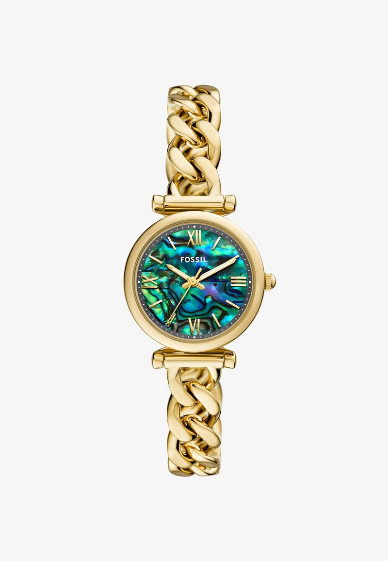 Goldfarbene Uhr mit einem massiven Kettenarmband, ausgestattet mit einem schimmernden blau-grünen Zifferblatt, das römische Ziffern und Logo-Markierungen aufweist.