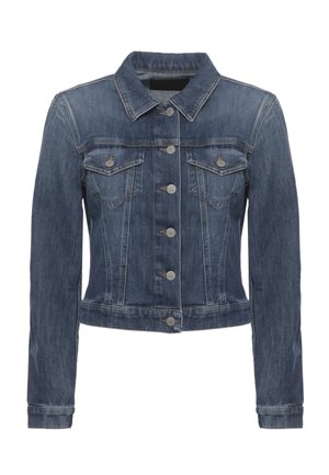 Veste en denim bleu à manches longues, fermeture boutonnée sur le devant, deux poches poitrine à rabat avec boutons et col pointu.