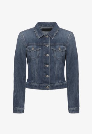 Veste en denim bleu à manches longues, fermeture boutonnée sur le devant, deux poches poitrine à rabat avec boutons et col pointu.