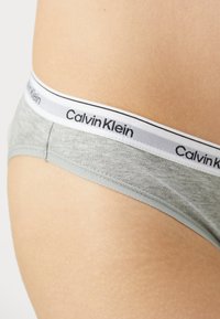 Pilkos medvilnės elastingos bikini kelnaitės su baltu juosmeniu, ant kurio juodu raštu išsiuvinėtas prekės ženklas "Calvin Klein". Sklandžią tekstūrą ir prigludusį dizainą.