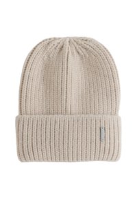 Gorro de punto color beige claro con textura acanalada, que presenta un dobladillo plegado y una pequeña etiqueta de logo discreta en el lateral.