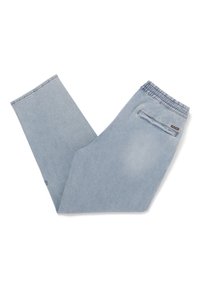Light blue denim pants with a relaxed fit, elastic waistband, back pocket, and subtle logo detail on the side seam.