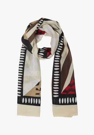 Multikleurige sjaal met geometrische patronen in tinten beige, zwart, rood en bruin. Lichtgewicht stof met franjes aan de randen.