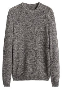 Maglione grigio in maglia con un colletto rotondo, maniche lunghe e polsini e orlo a coste. Macchie a contrasto creano un motivo sottile.