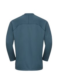 Camicia a maniche lunghe di colore blu scuro, con una texture liscia, scollo rotondo e dettagli delle cuciture discreti sul retro. Nessun logo visibile.