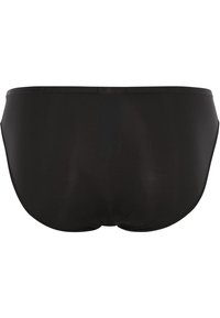 Slip da nuoto neri realizzati in un tessuto liscio, caratterizzati da un design semplice senza motivi, una vita media e bordi puliti.