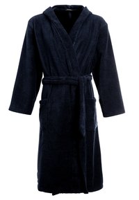 Mørkeblå frottéhåndklebadekåpe med lange ermer, hette, belte i midjen og to frontlommer, med en myk tekstur og knelengtedesign.