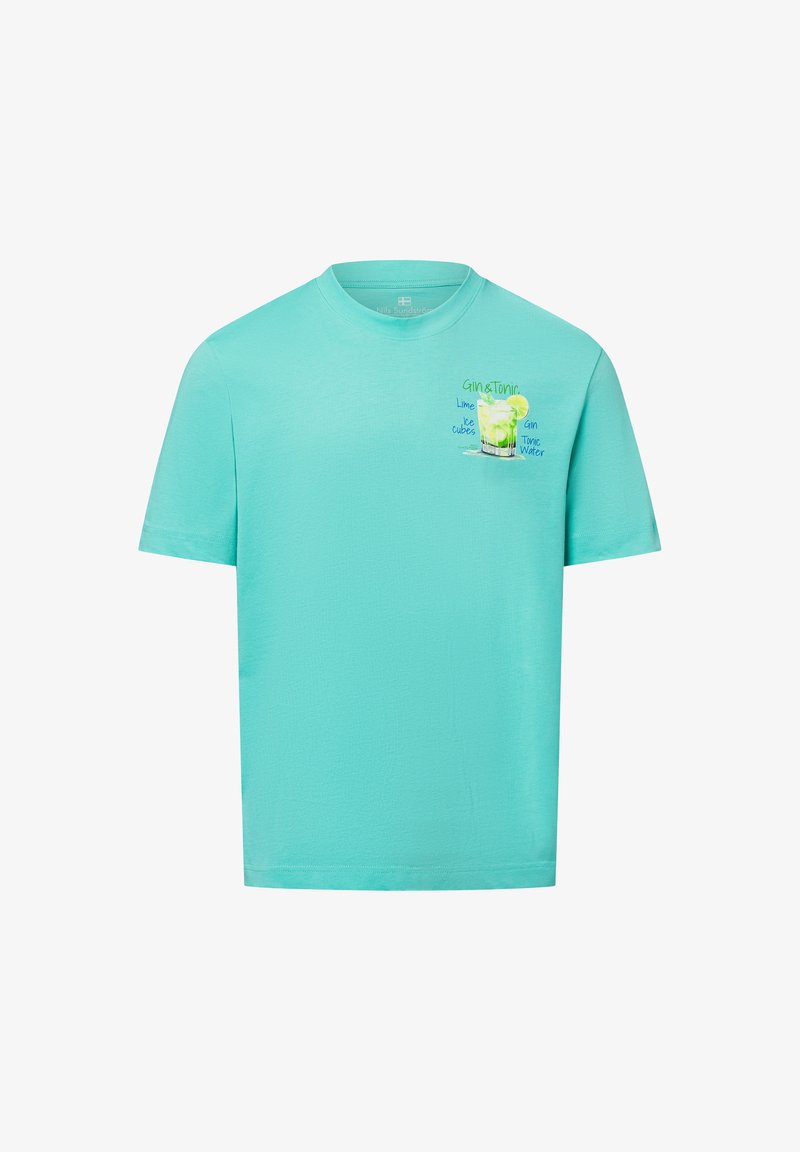 Türkise Baumwoll-T-Shirt mit einem Grafikmotiv eines Gin Tonic mit Limette und Eis, der Text beinhaltet "Gin & Tonic", "Limette", "Eiswürfel" und "Tonic-Wasser."