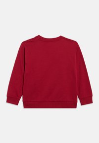 Plain red long-sleeve sweatshirt with ribbed cuffs, collar, and hem, shown from the back on a white background.