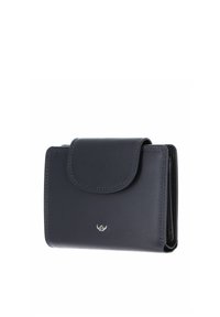 Portefeuille compact en cuir noir avec fermeture à rabat et petit logo argenté centré sur le devant.