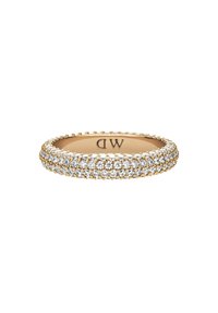 Gold ring with a textured surface, features multiple rows of small, clear gemstones, creating a glittering effect. Inner engraving visible.