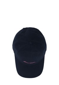 Navy blue baseball cap made of cotton with a curved visor, featuring small pink embroidered text on the front and six ventilation eyelets.