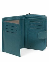 Portefeuille en cuir bleu canard avec fermeture éclair, offrant plusieurs emplacements pour cartes et une texture lisse. Design compact et organisé.