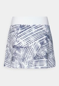 Falda corta tipo skort con una base blanca y un patrón lineal abstracto en azul marino. Cintura suave con un diseño acampanado; hecha de material ligero.