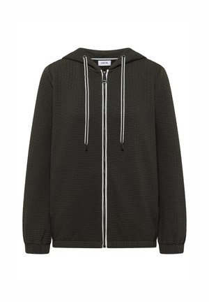 Donkergroene hoodie met ritssluiting, een gestructureerd patroon, verstelbare capuchon en witte trekkoorden. Heeft elastische manchetten en zoom.