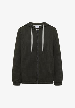 Sweat à capuche zippé vert foncé avec un motif texturé, capuche ajustable et cordons blancs. Comprend des poignets et un ourlet élastiques.