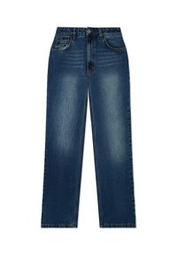 Sötétkék farmernadrág, egyenes szárú kivitelezéssel, öt zsebbel, és enyhe kopással elöl, ami textúrát és dimenziót kölcsönöz.