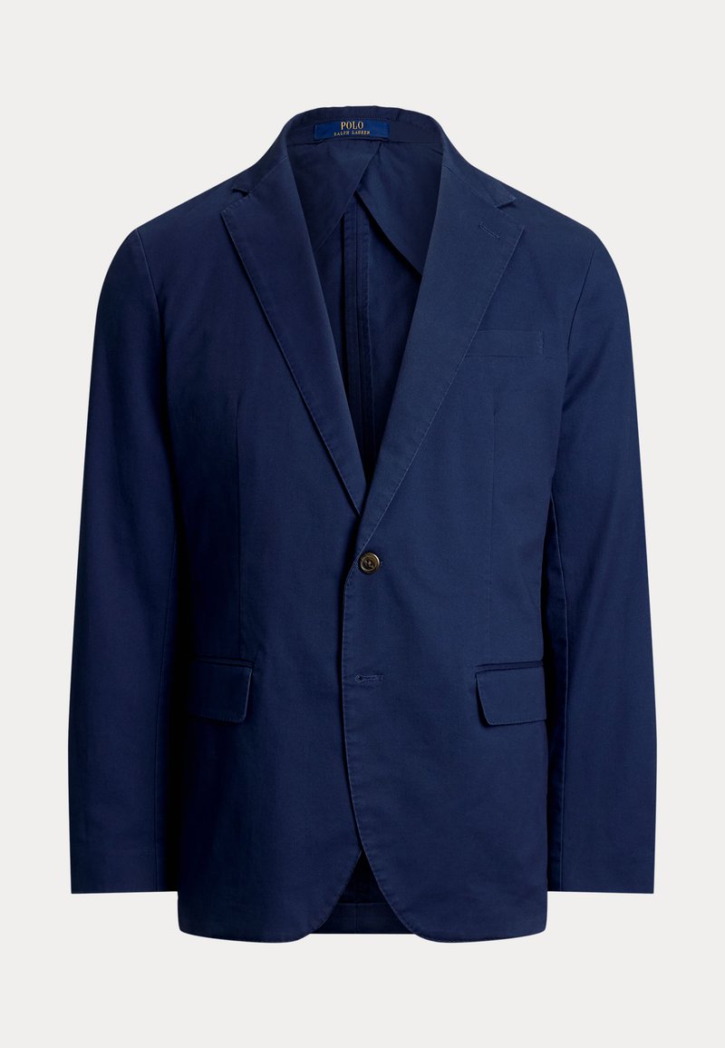 Marineblauwe katoenen blazer met notch-lapels, één knoopsluiting, twee voorkruiken en een borstzak; gladde textuur en op maat gemaakte pasvorm.