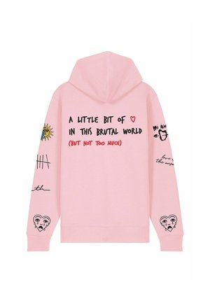 Pink hoodie featuring a large graphic text design on the back and various illustrations on the sleeves, including a sun and a heart.