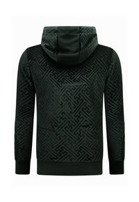 Zwarte hoodie met een textuurpatroon van geometrische vormen, een voorzak en geribbelde details bij de mouwen en de zoom.