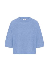 Pull en tricot bleu clair avec un col rond, des manches courtes et une coupe ample. Texture douce, design sans coutures et détails minimaux.