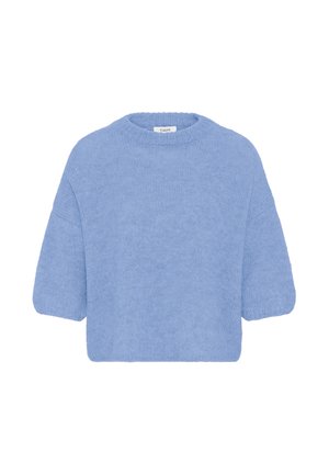 Gaiši zils adīts džemperis ar apaļu kakla izgriezumu, īsām piedurknēm un brīvu piegriezumu. Mīksta tekstūra, bezšuvju dizains un minimālas detaļas.