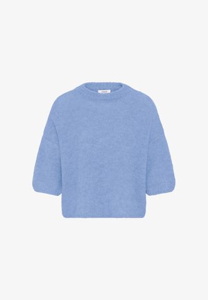 Pulover tricotat de culoare albastru deschis, cu decolteu rotund, mâneci scurte și croială lejeră. Textură moale, design fără cusături și detalii minimale.