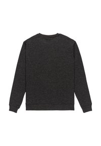 Sudadera gris oscura con una tela texturizada, mangas largas y cuello de canalé. Diseño sencillo sin patrones visibles ni acentos.