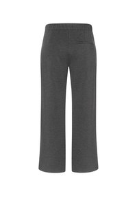 Graue, weite Hose aus weichem Stoff mit elastischem Bund und einer einzigen Gesäßtasche, die eine glatte Textur und ein minimalistisches Design aufweist.