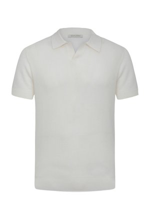 Weißes, kurzärmeliges Strick-Poloshirt mit offenem Kragen und subtiler vertikaler Struktur, mit dem Etikett Dan John.