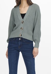 Cardigan en maille vert clair avec un col en V, des poignets côtelés et quatre boutons. Porté sur un haut noir, associé à un jean bleu foncé.