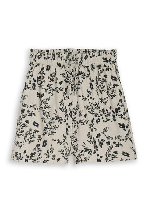 Beige shorts with black abstract floral print, elastic waistband, and front drawstring, laid flat on a white background.